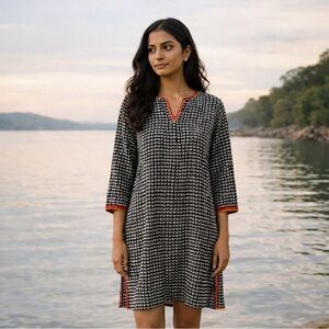 Beechtree Black White Patterned Midi Dress Size 10 Modest Chic Everyday
